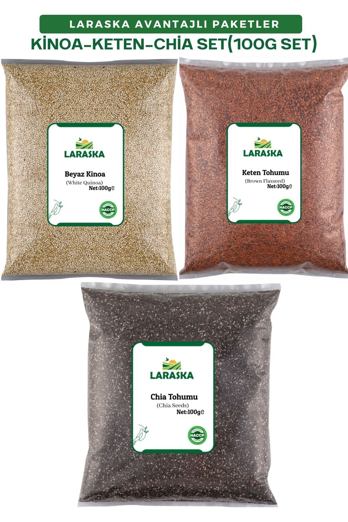 Chia Tohumu-Çiya Tohumu 100g-Keten Tohumu 100g-Beyaz Kinoa 100g-AVANTAJLI PAKET SET 100GX3