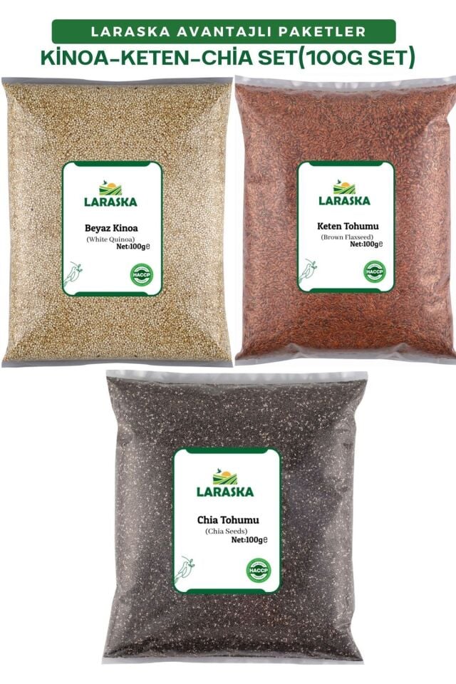 Chia Tohumu-Çiya Tohumu 100g-Keten Tohumu 100g-Beyaz Kinoa 100g-AVANTAJLI PAKET SET 100GX3