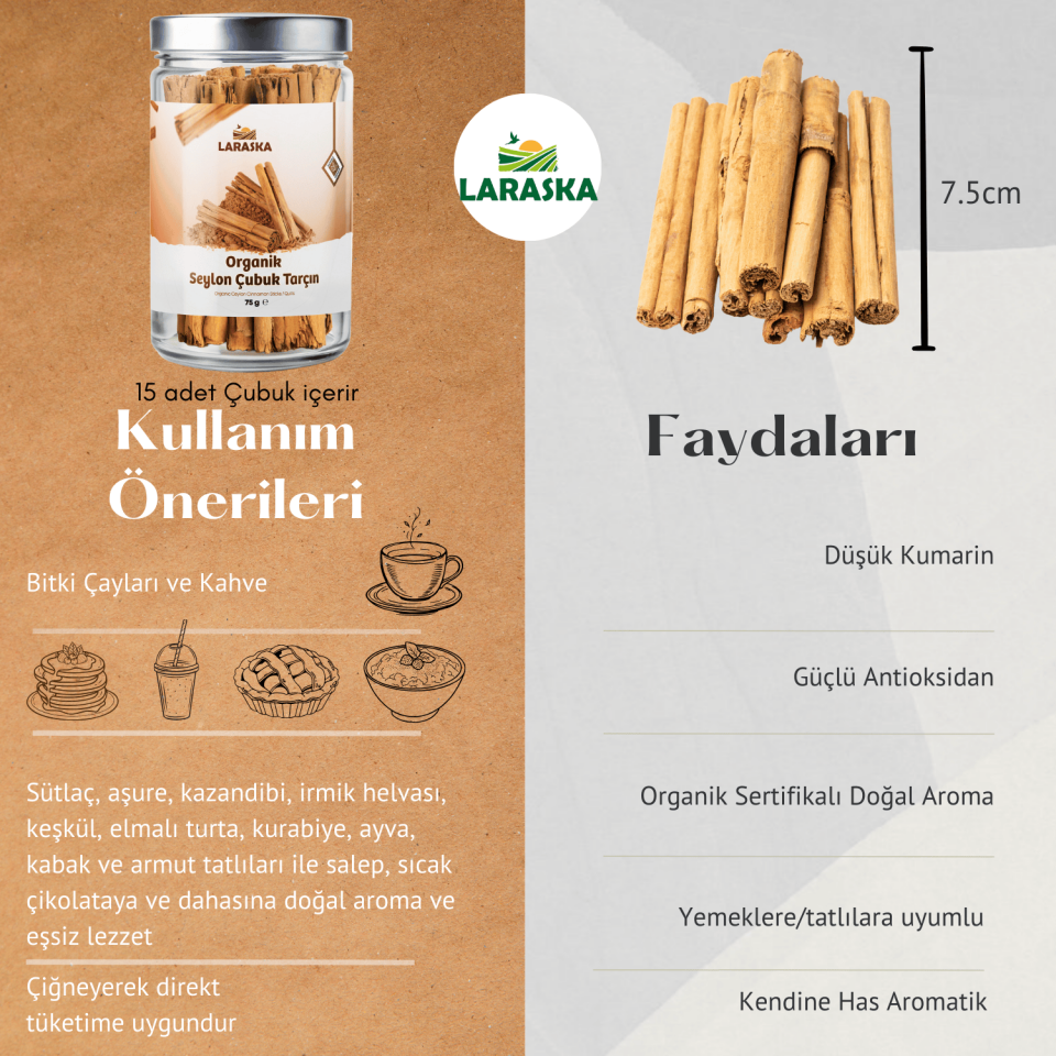 Organik Seylon - Seylan Çubuk Tarçın 75g- Organic Ceylon Cinnamon Sticks 75g Cam