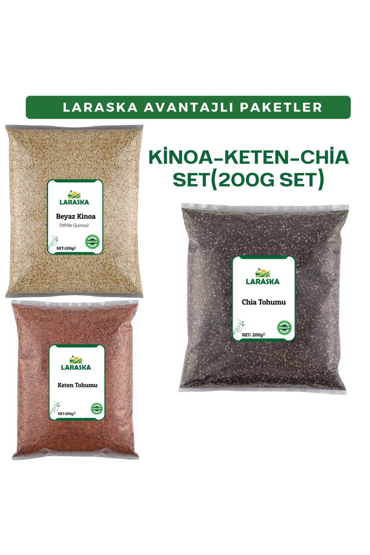Chia Tohumu-Çiya Tohumu 200g-Keten Tohumu 200g-Beyaz Kinoa 200g-AVANTAJLI PAKET SET 200GX3