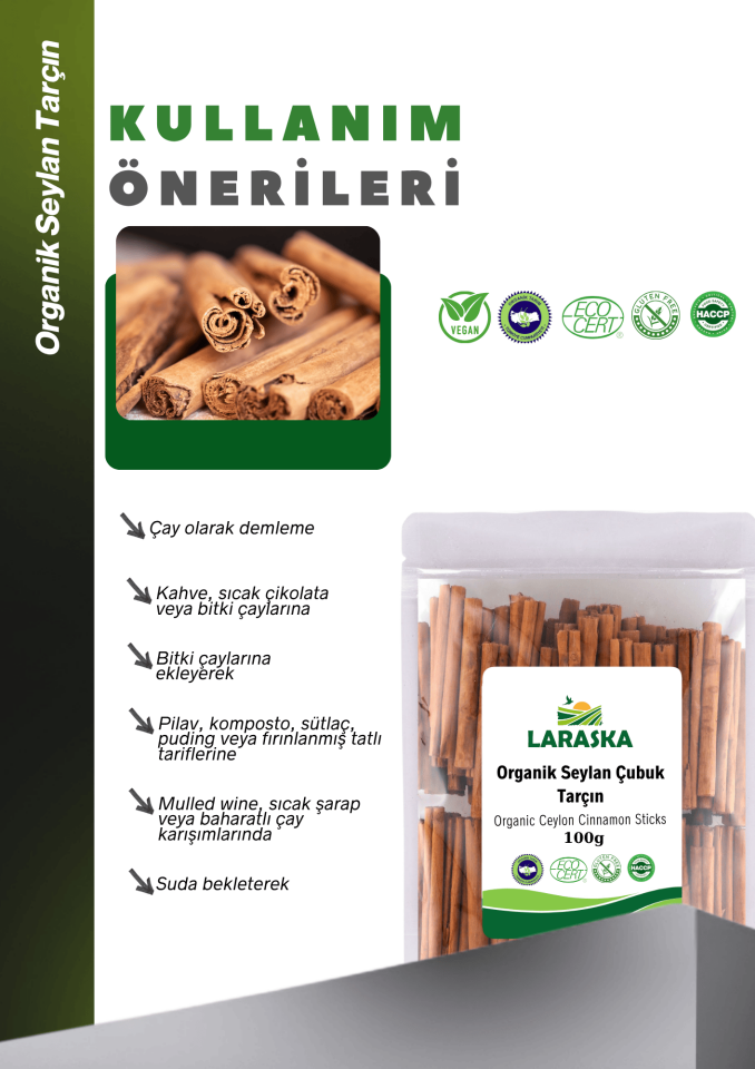 Organik Seylon - Seylan Çubuk Tarçın 100g - Organic Ceylon Cinnamon Sticks