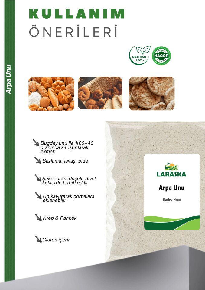 Arpa Unu 2kg Taş Değirmen Barley Flour Düşük Glisemik İndeksli Yüksek Lifli Doypack Kilitli Paket
