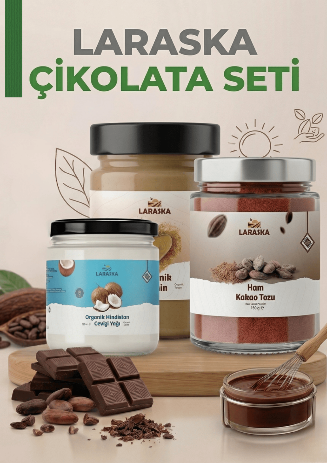 Çikolata Yapım Kiti Ham Kakao Tozu 150g Organik Tahin 300g Organik Hindistan Cevizi Yağı 150ml
