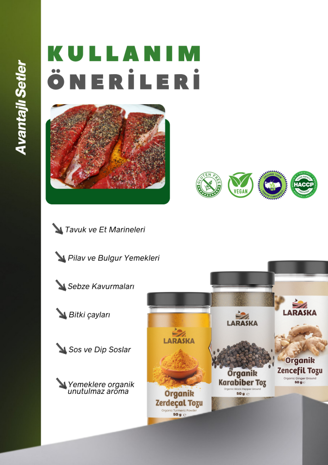 Organik Baharat Seti Organik Zerdeçal 50g Organik Zencefil 50g Organik Karabiber 50g Avantajlı Set