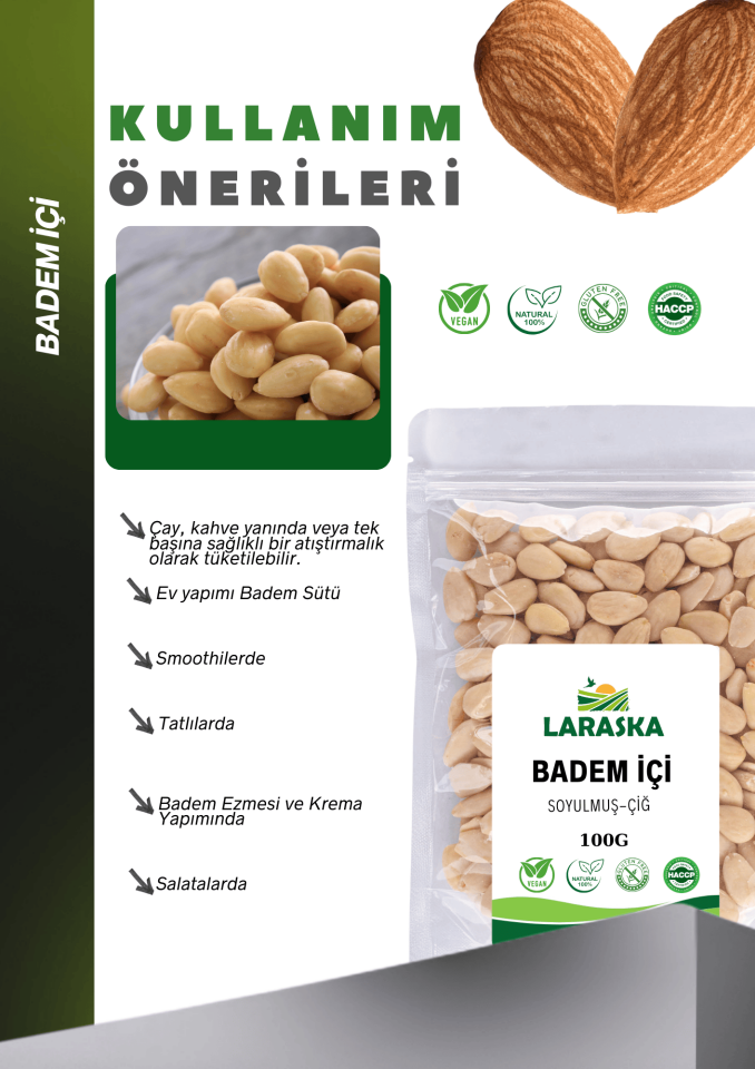Badem İçi Soyulmuş Çiğ 100g - Blanched Almonds Raw